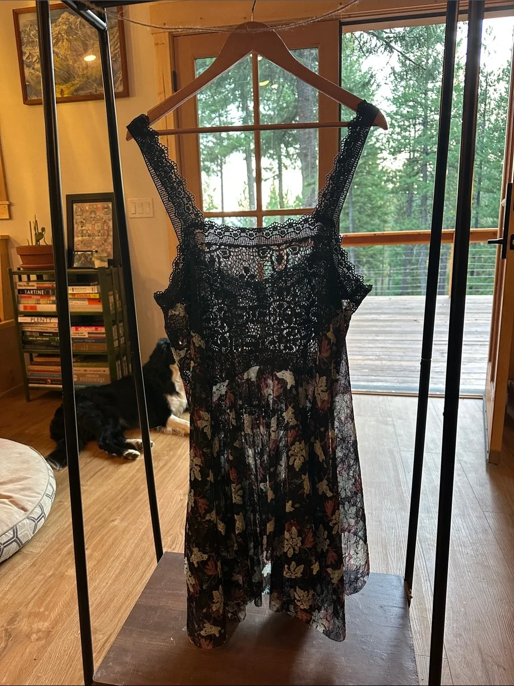 Free People Black Lace Mini Dress with Teal & Purple Floral Skirt